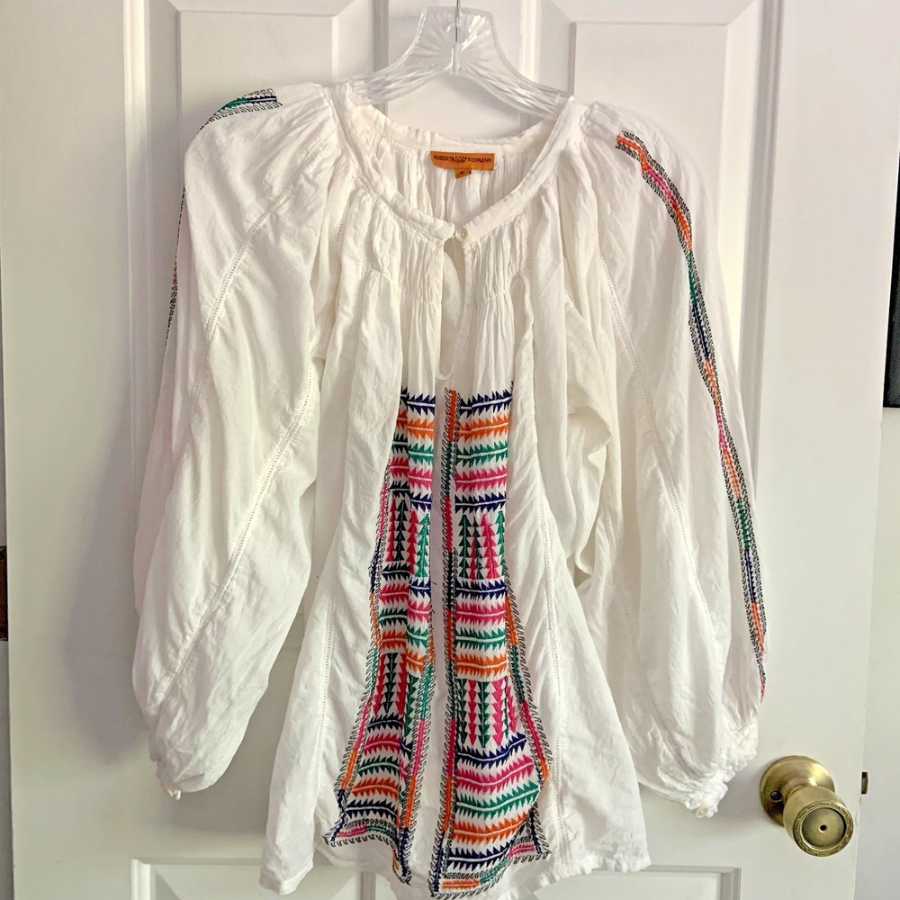 Roberta Freymann Womens 3/4 gusseted Cottage Core Embroidered Peasant Top sz S
